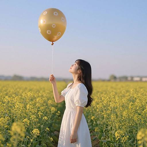 Photograph of an Asian woman with long black hair, wearing a white dress, holding a gold balloon with white flowers, standing in a sunny yellow wild