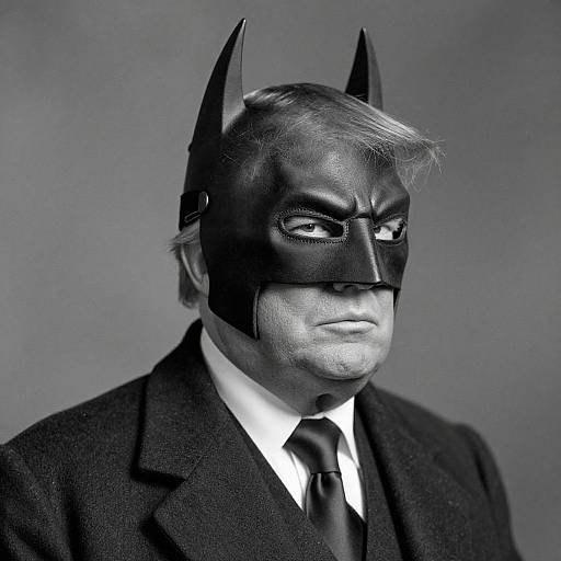 Black-and-white photograph of a middle-aged man in a Batman mask, suit, and tie, with a serious expression, against a plain background.