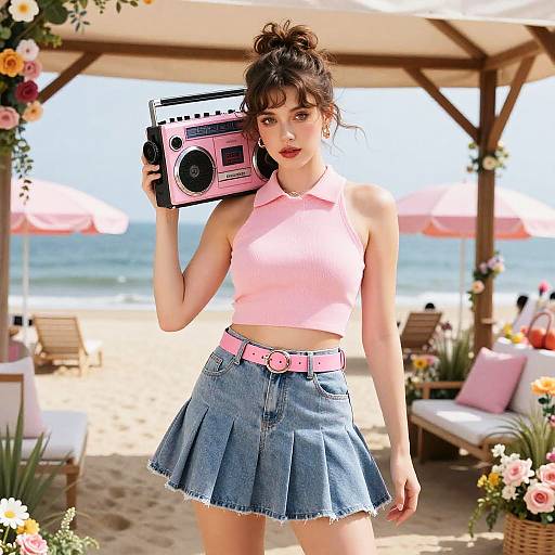 Quirky Preppy Woman with Pink Boombox