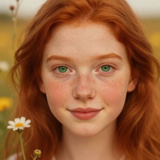 Close-up photograph of a freckled, fair-skinned, red-haired young woman with green eyes, smiling subtly, set against a blurred field of