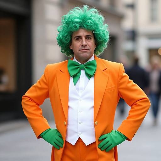 Photograph of a man in an orange suit, green curly wig, green bowtie, white shirt, green gloves, standing confidently on a city street