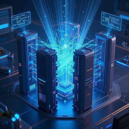 Photorealistic CGI of four glowing blue server racks emitting bright blue energy beams, with futuristic holographic displays above. Dark, high-tech lab background.
