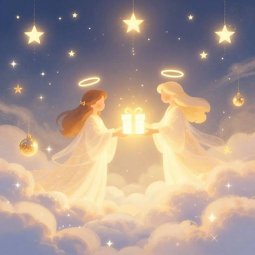 Digital illustration of two glowing angelic figures with halos, holding a radiant light, set against a starry, cloud-filled night sky.