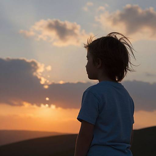 Silhouetted child with tousled hair, back turned, wearing a white shirt, gazes at a vibrant sunset with orange and pink clouds.