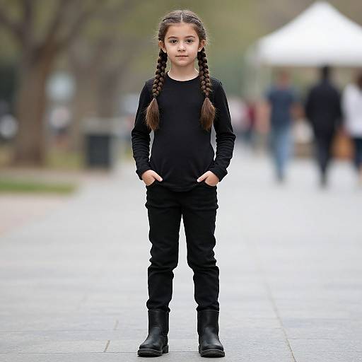 Photograph of a young girl with long braided brown hair, wearing a black long-sleeve shirt, pants, and boots, standing in a
