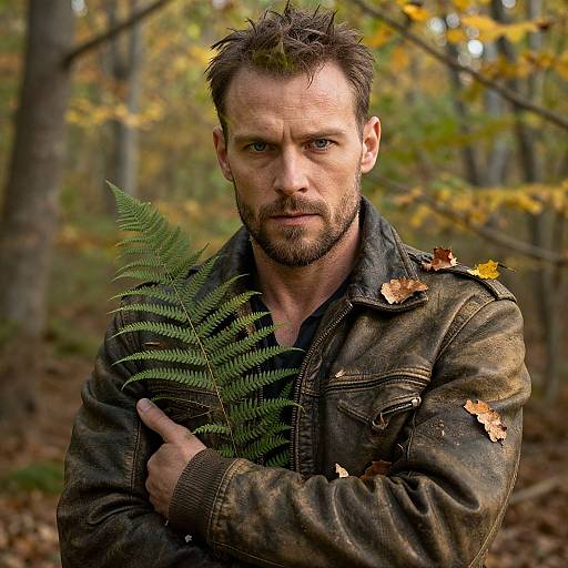 Photograph of a rugged, bearded man with short brown hair, holding a fern in a forest with autumn leaves. Wearing a worn, leaf
