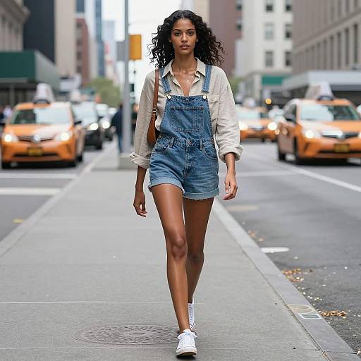 Confident Woman Walking in Denim Overalls