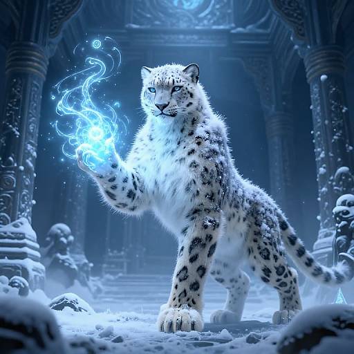 Digital artwork of a snow leopard with glowing blue magic in a mystical, snow-covered temple. The leopard stands majestically, surrounded by ornate columns