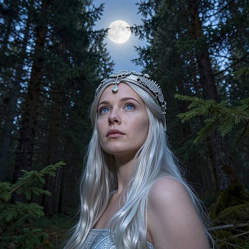 Photograph of a fair-skinned, blue-eyed blonde woman with a silver tiara, wearing a strapless silver gown, standing in a moonlit