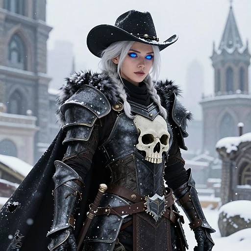 Digital artwork of a white-haired woman with blue eyes, wearing black armor, a skull pendant, and a cowboy hat, standing in a snowy, medieval