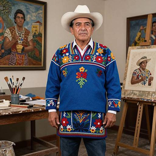 Photograph of an older Hispanic man in a colorful embroidered blue sweater and white hat, standing in an artist's studio with paintings and easels in the