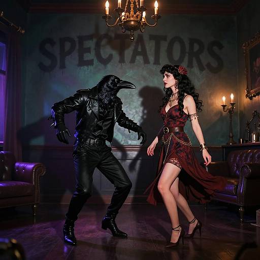 Photograph of a dramatic scene with a woman in a red, gothic dress facing a black-clad figure in a bird mask in a dimly