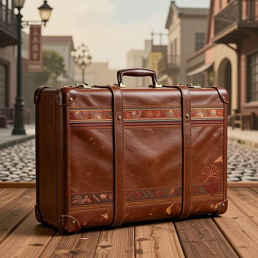 Vintage brown leather briefcase with intricate red and gold embroidery, placed on wooden planks in a quaint, sunlit street.