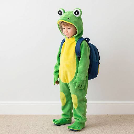 Photograph of a young child in a green frog onesie with yellow belly, frog ears, and backpack, standing on beige carpet.