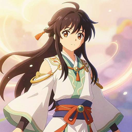 Anime-style digital illustration of a serious young woman with long black hair, wearing a white kimono with gold trim and red accents, against a colorful,