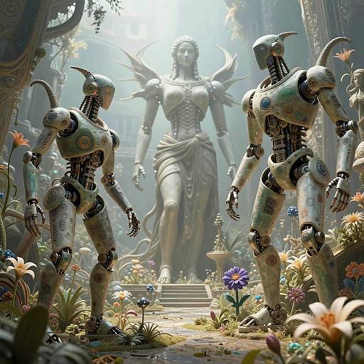 Mechanical Creatures Sculpting Statue in Fantasy Garden