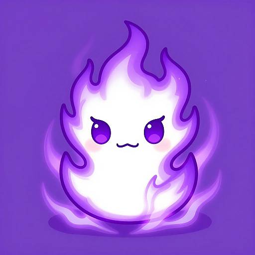 Cute digital drawing of a white, glowing, purple-flamed ghost with small purple eyes and a simple, cute expression on a solid purple background.