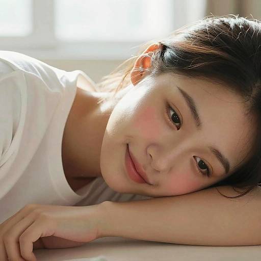 Photograph of a young Asian woman with fair skin, black hair, and brown eyes, smiling gently while lying on her side, sunlight illuminating her