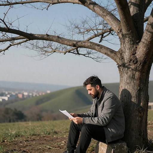 Man Reading Paper Under Tree in Countryside