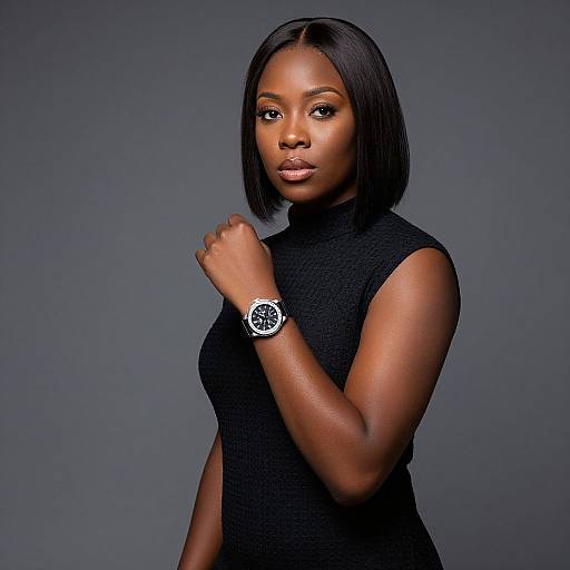 Photograph of a confident Black woman with straight black bob haircut, wearing a sleeveless black textured top and a silver wristwatch, against a gray background