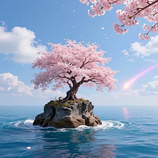 Digital artwork of a cherry blossom tree on a rocky island in calm, blue ocean under bright, clear sky.