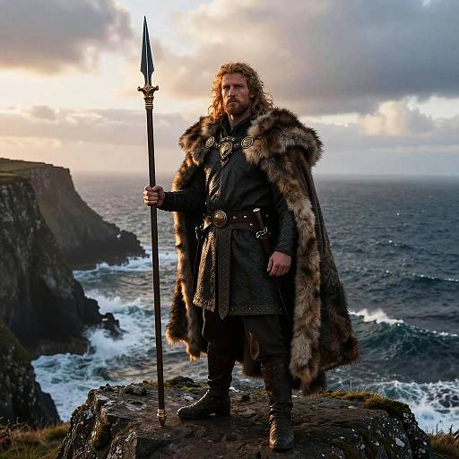 Photograph of a Viking warrior with long hair, beard, fur cloak, and black armor, holding a spear, standing on a cliff at sunset,
