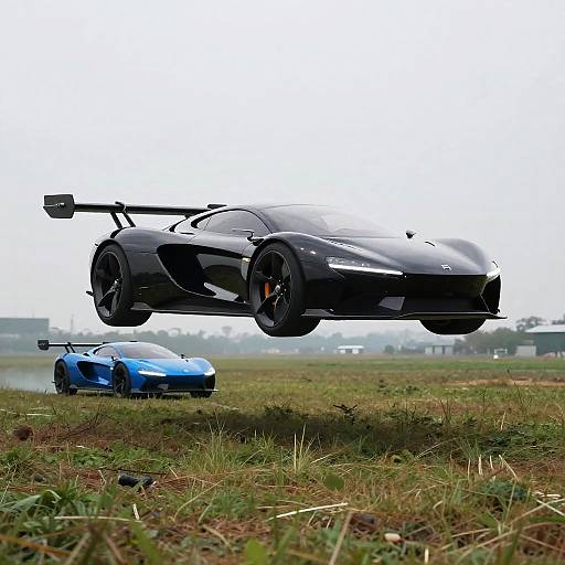 Futuristic Black Flying Car Over Field