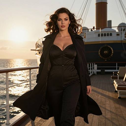 Photograph of a confident woman with wavy dark hair, wearing a black zip-up jumpsuit and coat, standing on a wooden deck at sunset with