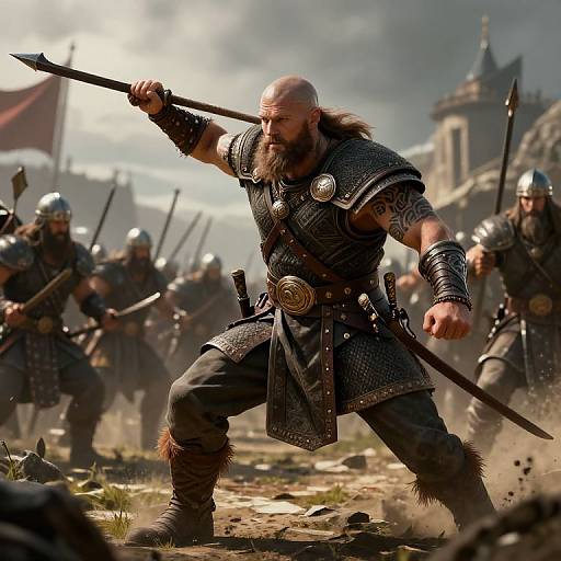 Photorealistic CGI of a bald, bearded Viking warrior with a fur-trimmed, armored dress, holding a spear, leading a battle charge