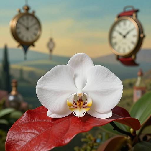 Photograph of a white orchid with yellow center, resting on a red leaf, against a blurred background of vintage clocks and a sunset sky over rolling
