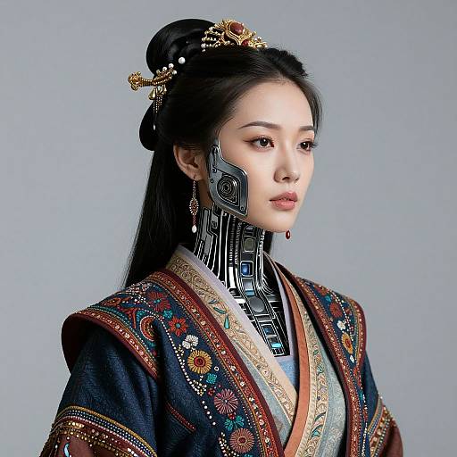 Photograph of an Asian woman with pale skin, black hair in an updo, wearing traditional embroidered robe, futuristic metallic neckpiece, and ornate