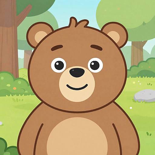 Cartoon bear with brown fur, beige belly, black nose, and smile, standing in a colorful forest with trees and bushes.