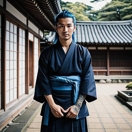 Asian Man in Traditional Japanese Kimono and Hakama