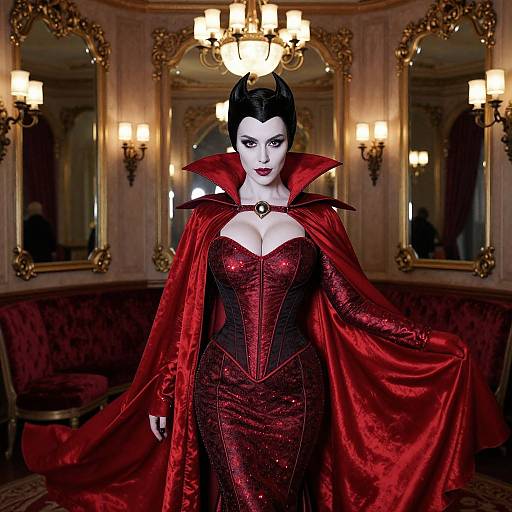 Photograph-style digital art: Gothic vampire woman with pale skin, black hair, red sparkling dress, high collar, and flowing cape, stands in op