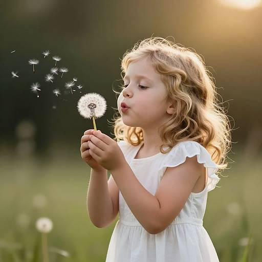 Whimsical Girl Blowing Dandelion Seeds