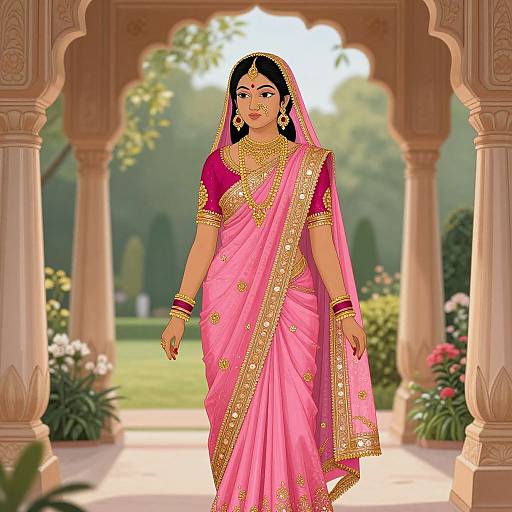 Elegant Indian Miniature Woman in Garden