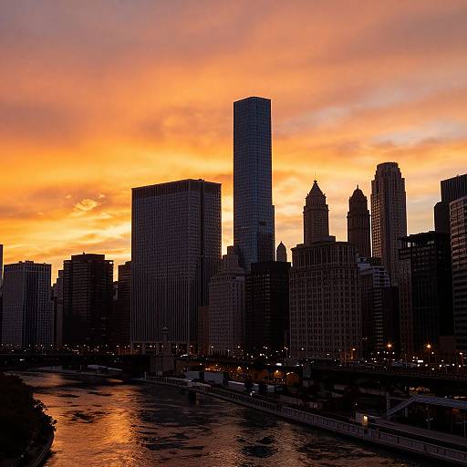 Photograph of a city skyline at sunset, featuring tall skyscrapers silhouetted against a vibrant orange and yellow sky, with a reflective river
