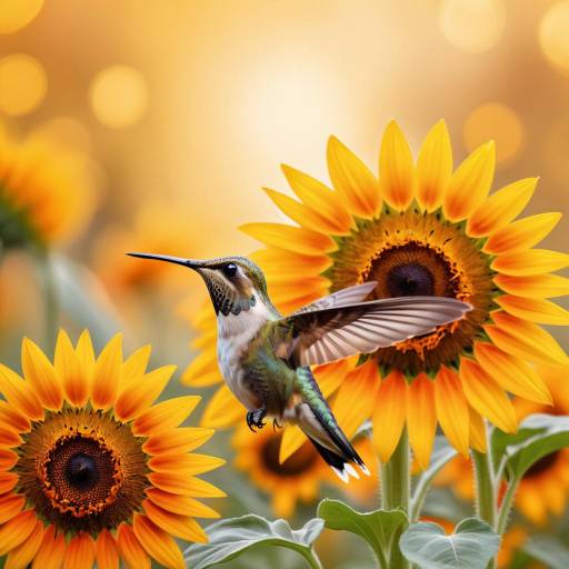 Hummingbird Near Vibrant Sunflowers