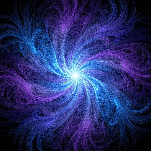 Digital artwork of a vibrant, swirling vortex with intricate, neon blue and purple feather-like patterns radiating from a bright white center against a deep black background
