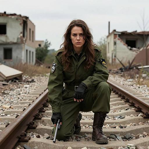 Woman Soldier Crouching on Ruined Railway Track