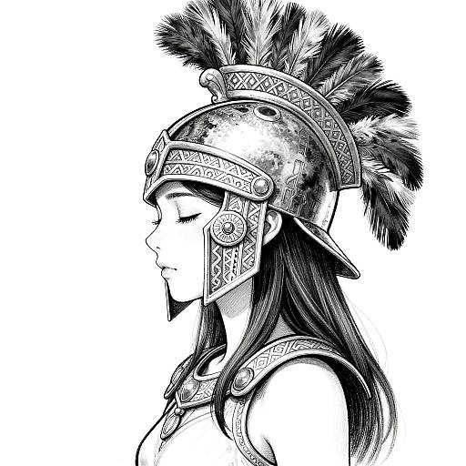 Black-and-white ink drawing of a serene, long-haired woman in detailed ancient warrior helmet with feather plume, eyes closed, side profile.