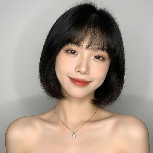 Digital portrait of an Asian woman with short black hair, fair skin, red lipstick, smiling softly, wearing a delicate necklace, against a plain light gray