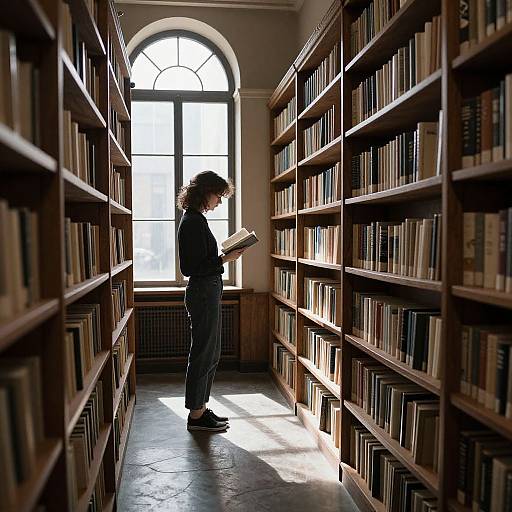 Photograph of a woman with curly hair, standing in a sunlit library aisle, reading a book between tall wooden bookshelves.
