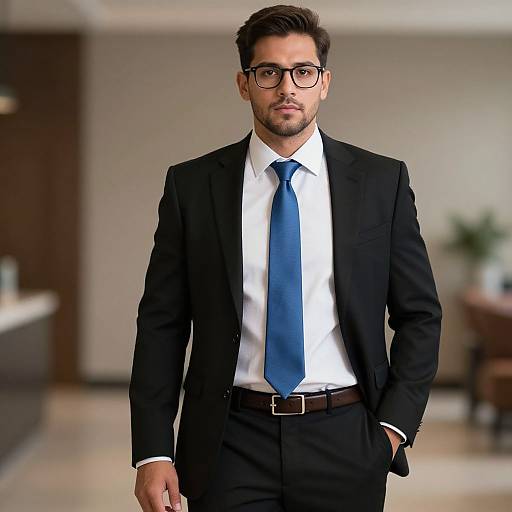 Photograph of a handsome, bearded man with glasses, wearing a black suit, white shirt, and blue tie, standing confidently indoors.