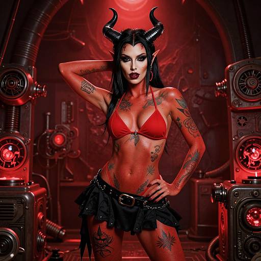 Digital art of a tattooed, red-bikini-clad demon woman with black horns, long black hair, and black skirt, standing in a