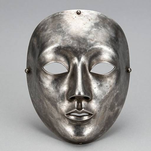 Photograph of a metallic, silver mask with a smooth, reflective surface, oval shape, and hollow, almond-shaped eyes, secured with four small riv