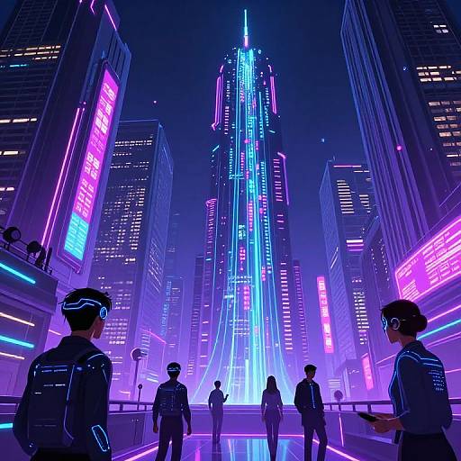 Neon-lit cyberpunk cityscape with towering skyscrapers, vibrant purple and blue lights, and six uniformed figures standing in a futuristic plaza