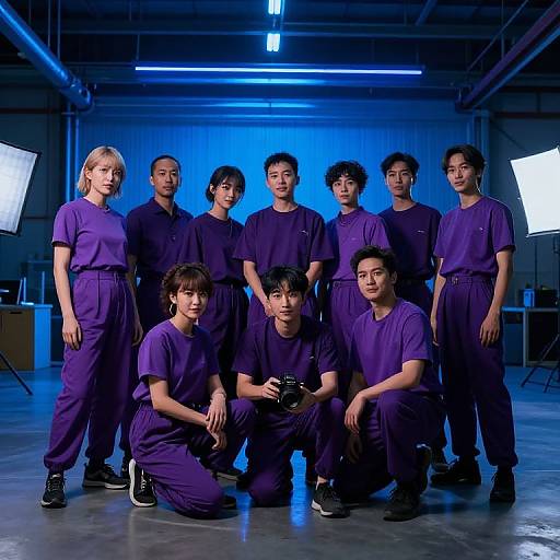 Photograph of eight diverse individuals, mostly Asian, in purple medical scrubs, posing in a brightly lit, blue-lit industrial room.