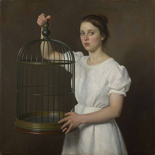 19th-century portrait of a fair-skinned young woman in a white dress holding a large, black birdcage with a dark background.