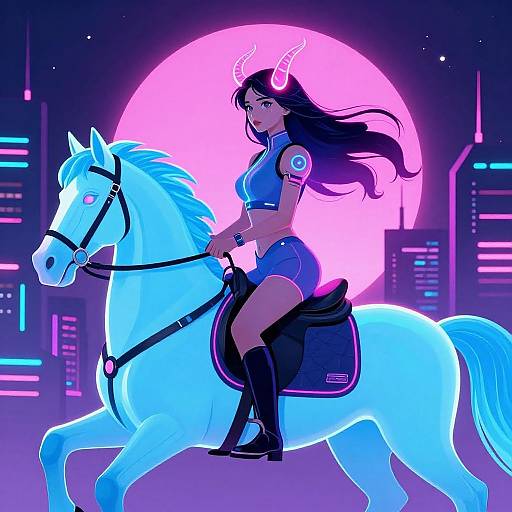 Digital anime-style artwork of a dark-haired woman with horns, riding a glowing blue horse, against a neon cityscape with a pink full moon.